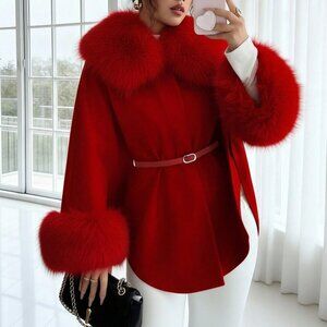Red Elegant Women's Cinched Waist Hooded Collar Coat